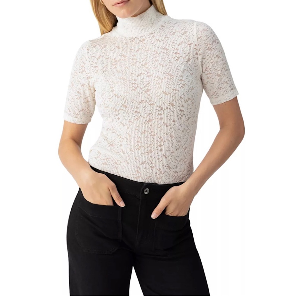 Sanctuary Embroidered Lace Mock Neck Top Chalk White Small